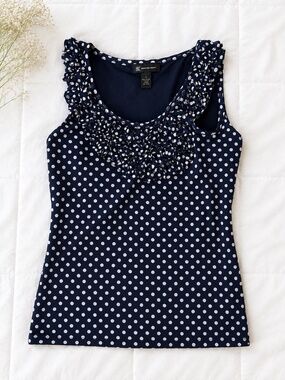 INC International Concepts Navy & White Polka Dot Ruffle Sleeveless Top Size S